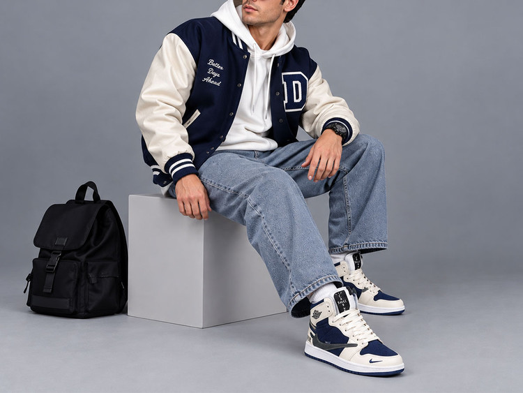 کفش جردن وان ساقدار دیور کرم سورمه ای/Jordan 1 Mid Dior