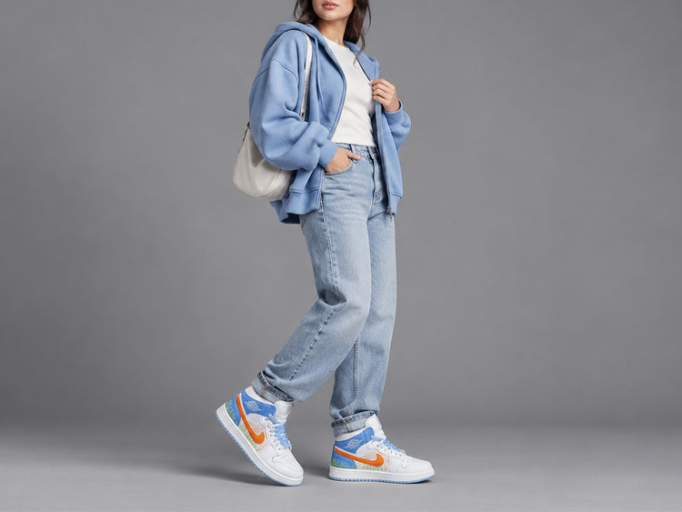 کفش جردن سفید آبی پرتغالی ساقدار/Jordan 1 Mid SE