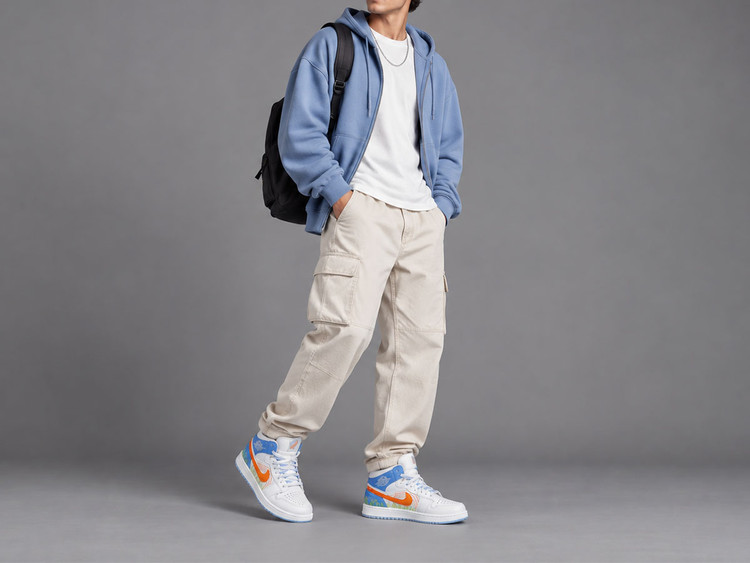 کفش جردن سفید آبی پرتغالی ساقدار/Jordan 1 Mid SE